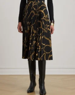 Belting-Print Pleated Crepe Skirt