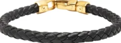 Braided Black Leather Bracelet in Gold