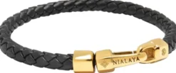Braided Black Leather Bracelet in Gold