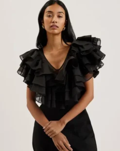 CALONDA Oversized Frill Sleeve V Ne