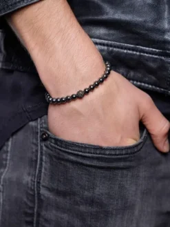 Men's Wristband with Hematite and Black CZ Diamond