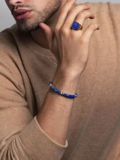 Men's Hexagon Beaded Bracelet with Blue Lapis and Gold