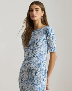 Paisley Cotton Boatneck Midi Dress