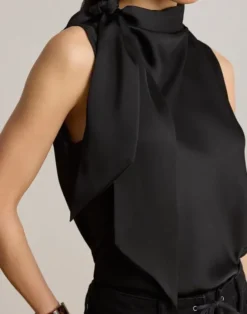 Tie-Neck Charmeuse Sleeveless Blouse