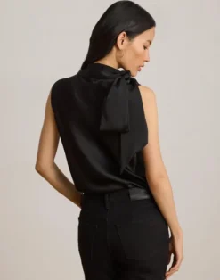 Tie-Neck Charmeuse Sleeveless Blouse