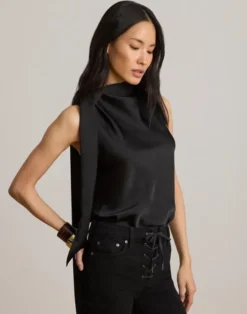 Tie-Neck Charmeuse Sleeveless Blouse