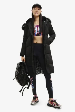 White quilted coat with fur-effect hood