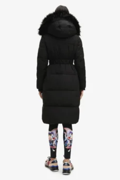 White quilted coat with fur-effect hood