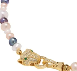 Women's Multi-Colored Pearl Choker with Gold Panther Head