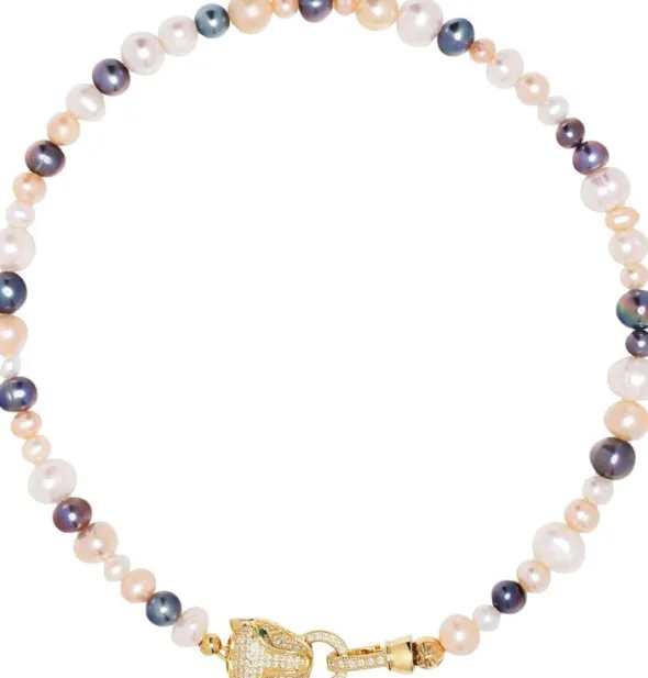 Women's Multi-Colored Pearl Choker with Gold Panther Head
