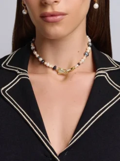 Women's Multi-Colored Pearl Choker with Gold Panther Head