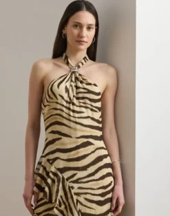 Zebra-Print Ruffle-Trim Georgette Gown