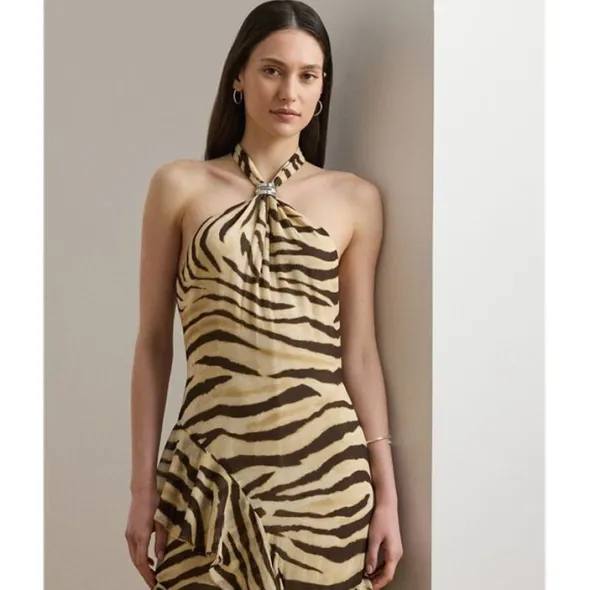 Zebra-Print Ruffle-Trim Georgette Gown