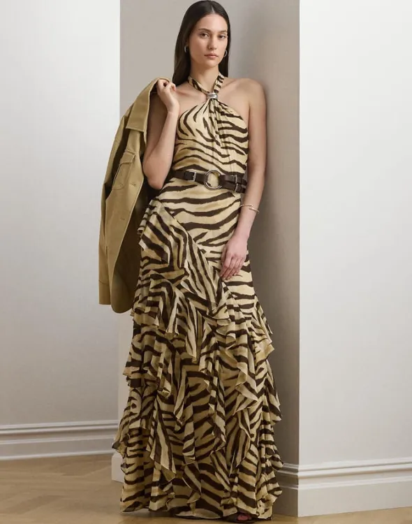 Zebra-Print Ruffle-Trim Georgette Gown