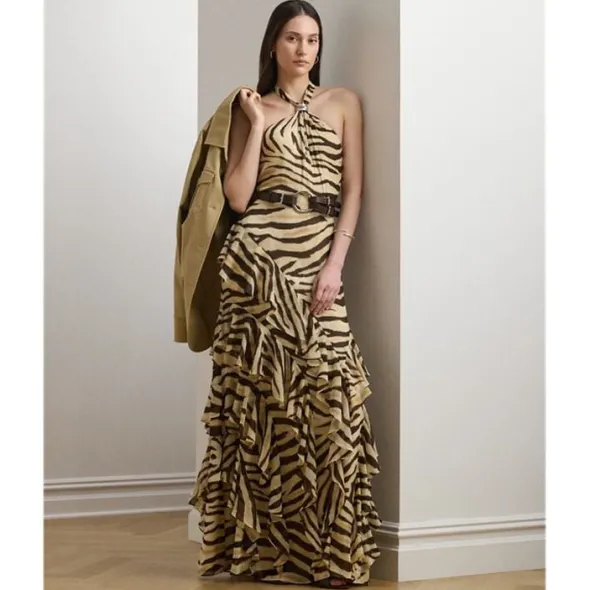 Zebra-Print Ruffle-Trim Georgette Gown