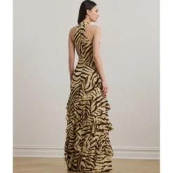 Zebra-Print Ruffle-Trim Georgette Gown