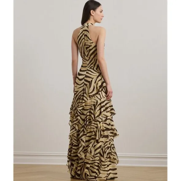 Zebra-Print Ruffle-Trim Georgette Gown