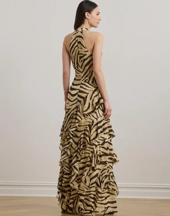 Zebra-Print Ruffle-Trim Georgette Gown