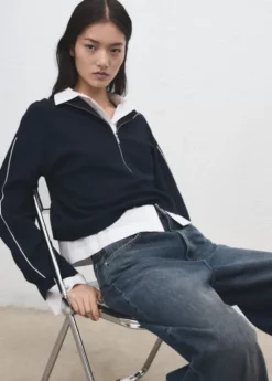 Zip neck contrast-stripe sweater